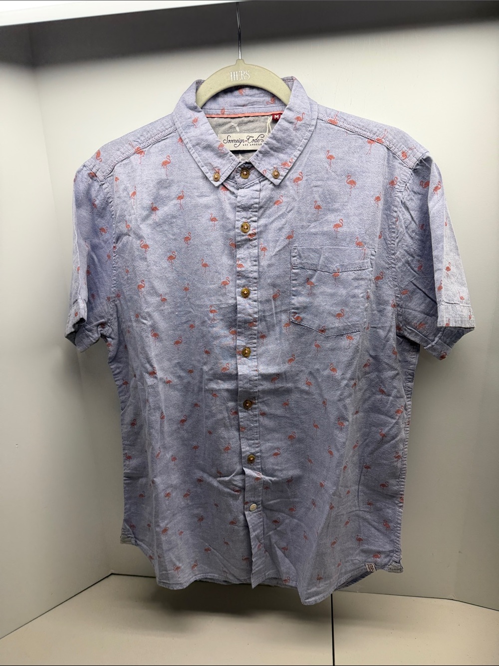 Sovereign Code Light Blue Short-Sleeve Button-Down with  Flamingo Print. NWOT